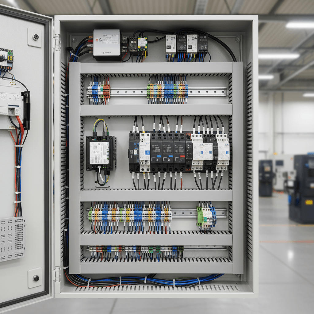 Industrial production line with a PLC control cabinet, conveyor drives, and an overhead thermal monitoring camera